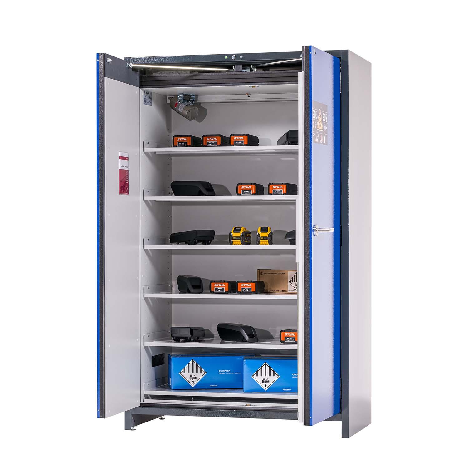 F90 Lithium-Akku-Lagerschrank STOREpro, selbstschließende Flügeltüren, Warn- und Brandunterdrückungssystem