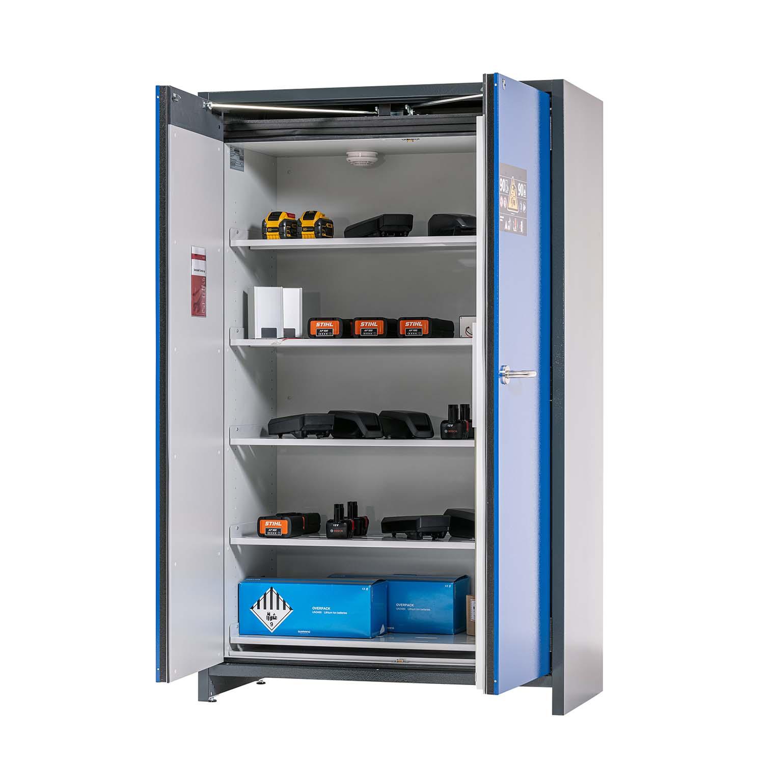 F90 Lithium-Akku-Lagerschrank STOREcore, selbstschließende Flügeltüren, mit Brandwarnsystem