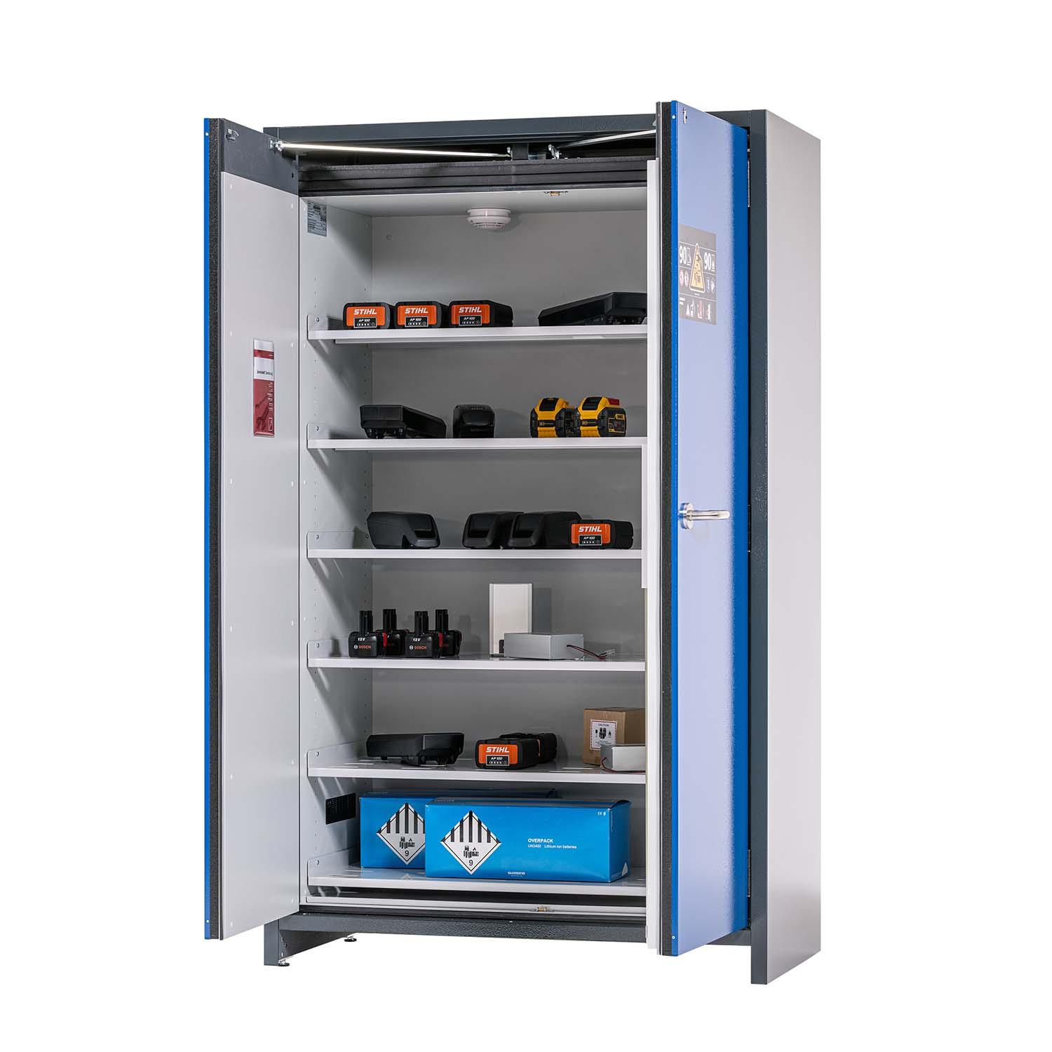 F90 Lithium-Akku-Lagerschrank STOREcore, selbstschließende Flügeltüren, mit Brandwarnsystem