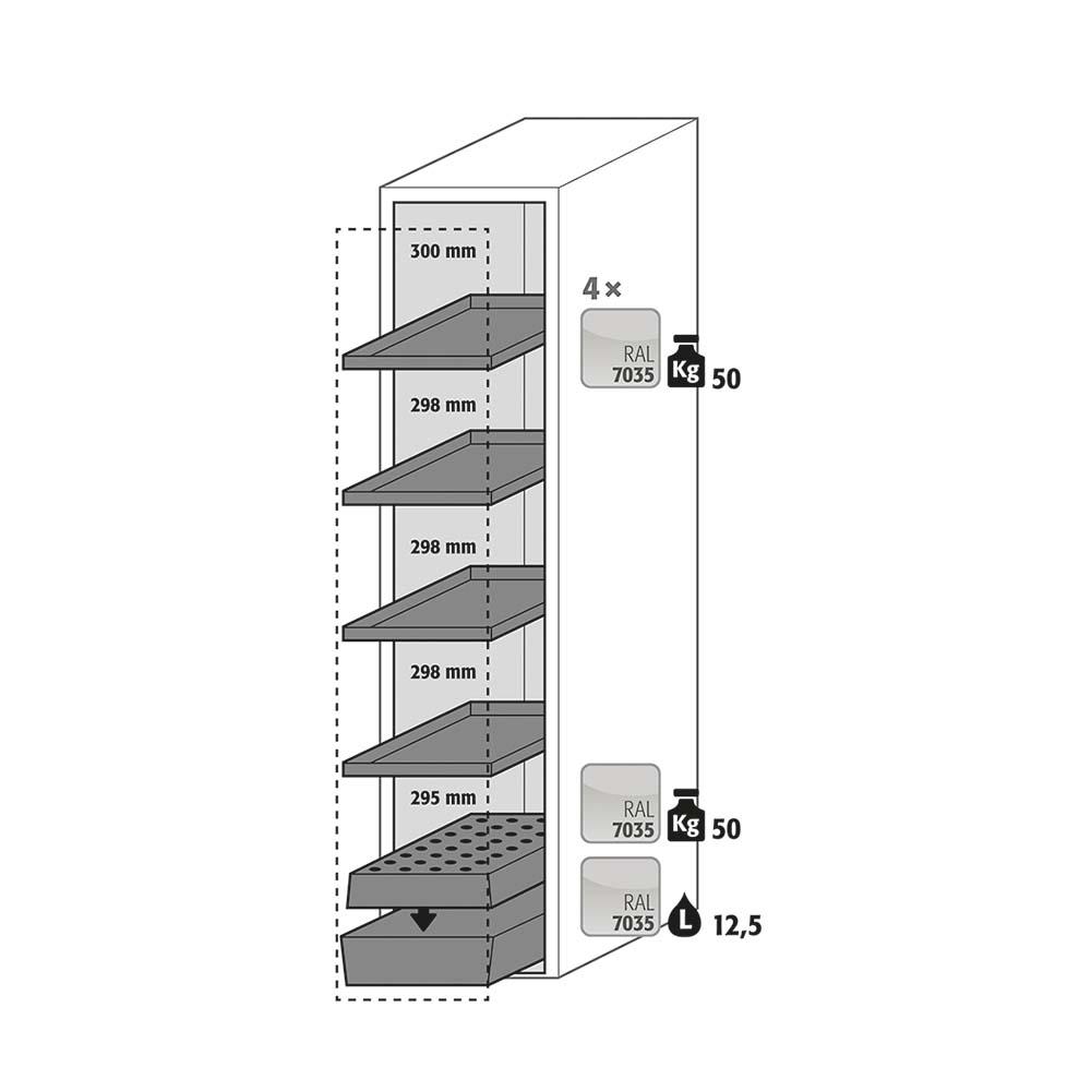 F90 Sicherheitsschrank mit Vertikalauszug, Fachböden, 1 Bodenwanne, Tür-Schließ-Automatik, 449x860x1966mm, für Industrie F90 Hochschränke mit Vertikalauszug Produktbild F90 Sicherheitsschrank mit Vertikalauszug, 4 Fachböden, 1 Bodenwanne, Tür-Schließ-Automatik, 449x860x1966mm