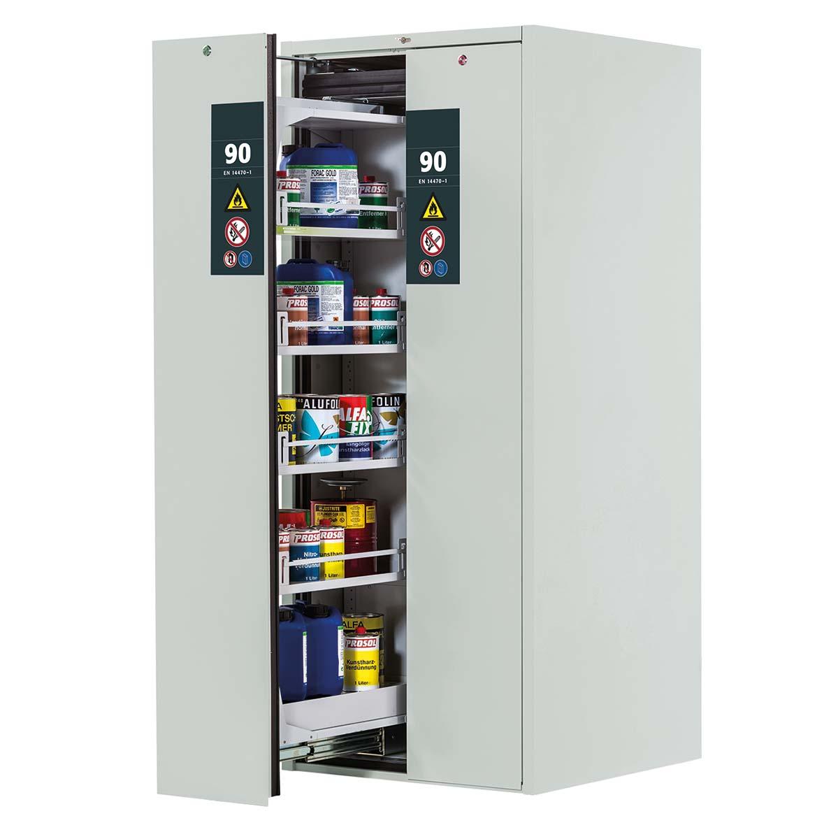 F90 Sicherheitsschrank mit Vertikalauszug, 2 Lagerzonen mit Fachböden, Tür-Schließ-Automatik, 819x860x1966mm, für Labor