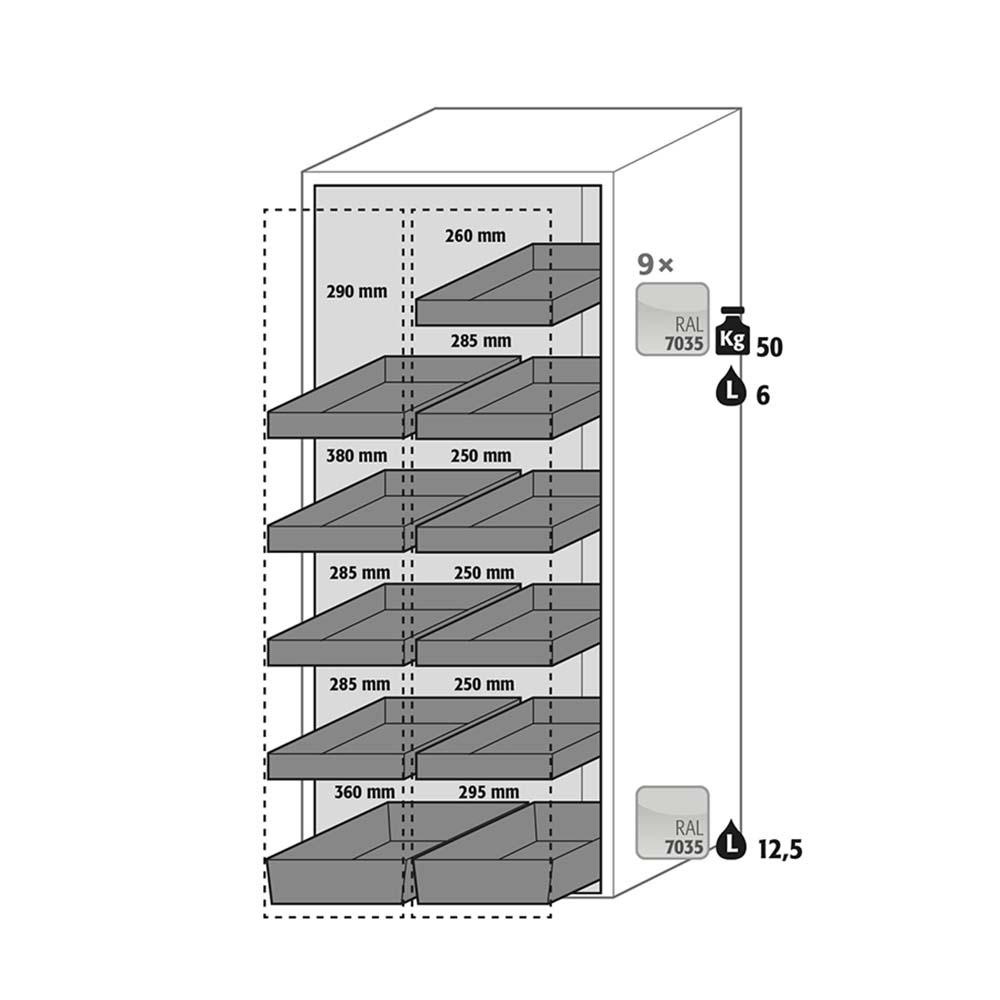 F90 Sicherheitsschrank mit Vertikalauszug, 2 Lagerzonen mit Wannenböden und Bodenwannen, Tür-Schließ-Automatik, 819x860x1966mm, für Labor