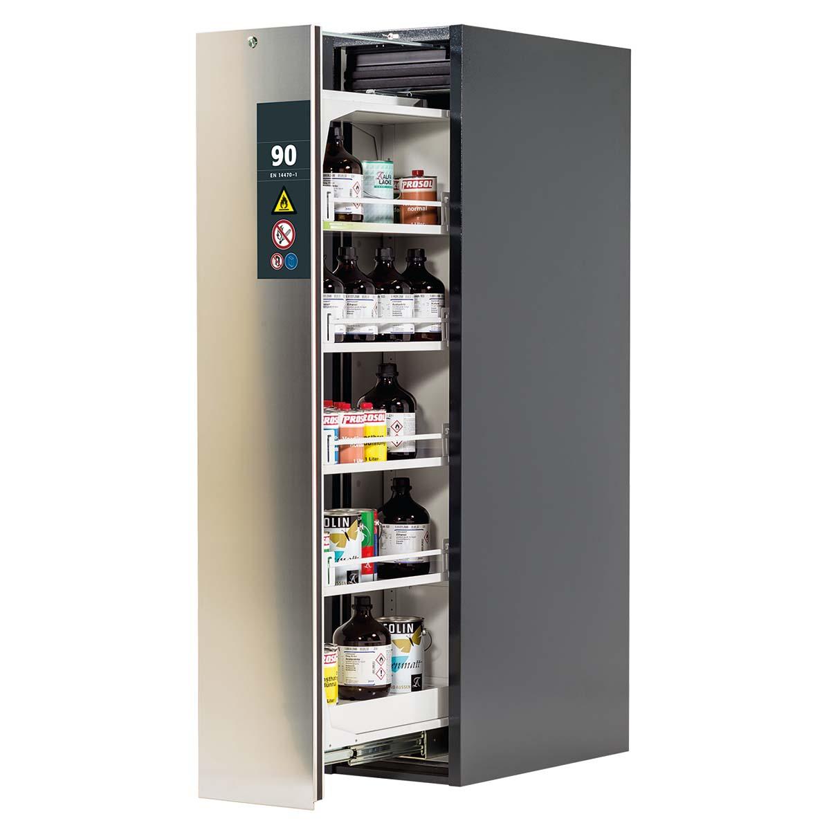 F90 Sicherheitsschrank mit Vertikalauszug, Fachböden, 1 Bodenwanne, Tür-Schließ-Automatik, 449x860x1966mm, Edelstahl-Tür