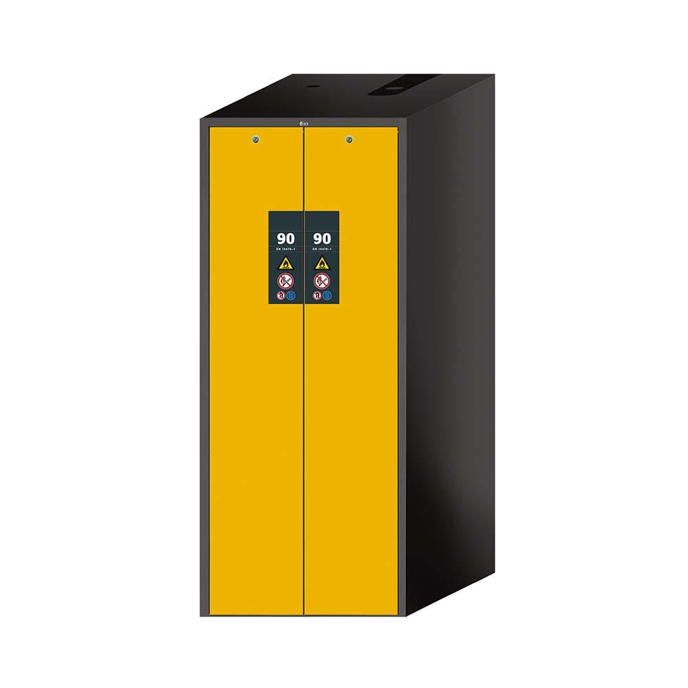 F90 Sicherheitsschrank mit Vertikalauszug, 2 Lagerzonen mit Fachböden und Bodenwannen, Tür-Schließ-Automatik, 819x860x1966mm, für Industrie