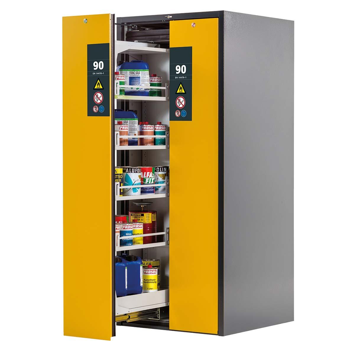 F90 Sicherheitsschrank mit Vertikalauszug, 2 Lagerzonen mit Wannenböden und Bodenwannen, Tür-Schließ-Automatik, 819x860x1966mm, für Industrie