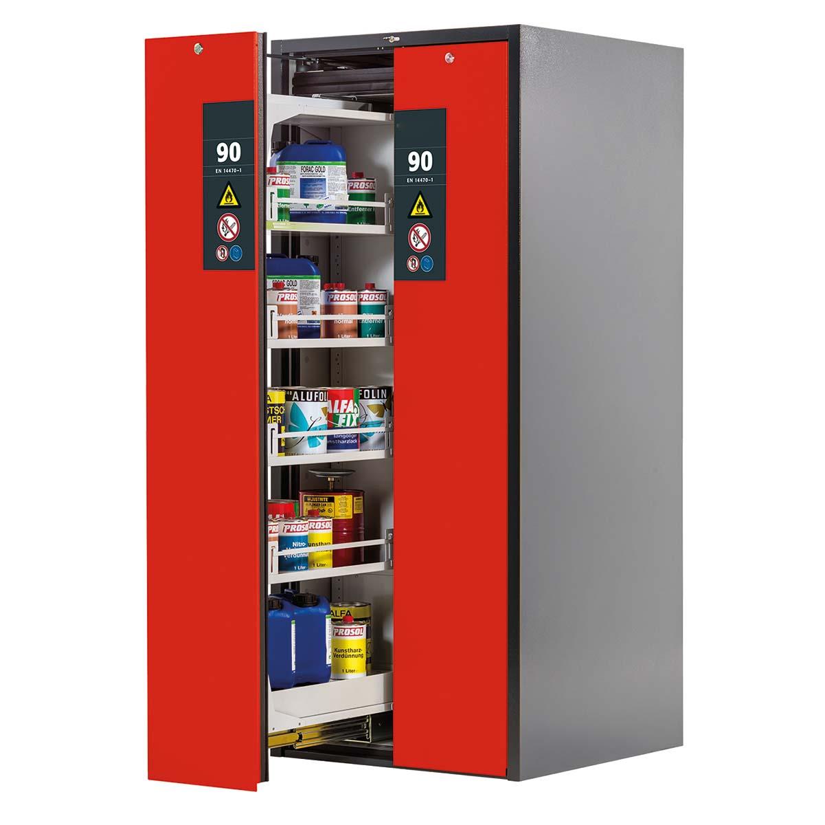 F90 Sicherheitsschrank mit Vertikalauszug, 2 Lagerzonen mit Fachböden und Bodenwannen, Tür-Schließ-Automatik, 819x860x1966mm, für Industrie F90 Hochschränke mit Vertikalauszug Produktbild F90 Sicherheitsschrank mit Vertikalauszug, 2 Lagerzonen mit Fachböden und Bodenwannen, Tür-Schließ-Automatik, 819x860x1966mm, für Industrie