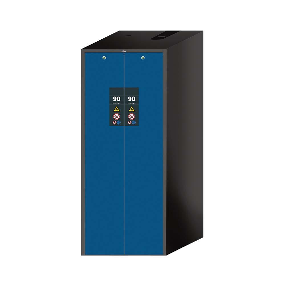 F90 Sicherheitsschrank mit Vertikalauszug, 2 Lagerzonen mit Fachböden und Bodenwannen, Tür-Schließ-Automatik, 819x860x1966mm, für Industrie