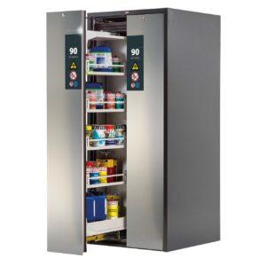 F90 Sicherheitsschrank mit Vertikalauszug, 2 Lagerzonen mit Wannenböden und Bodenwannen, Tür-Schließ-Automatik, 819x860x1966mm, mit Edelstahl-Tür F90 Hochschränke mit Vertikalauszug Produktbild F90 Sicherheitsschrank mit Vertikalauszug, 2 Lagerzonen mit Fachböden und Bodenwannen, Tür-Schließ-Automatik, 819x860x1966mm, mit Edelstahl-Tür