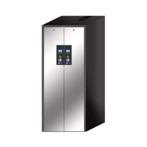 F90 Sicherheitsschrank mit Vertikalauszug, 2 Lagerzonen mit Wannenböden und Bodenwannen, Tür-Schließ-Automatik, 819x860x1966mm, mit Edelstahl-Tür F90 Hochschränke mit Vertikalauszug Produktbild F90 Sicherheitsschrank mit Vertikalauszug, 2 Lagerzonen mit Fachböden und Bodenwannen, Tür-Schließ-Automatik, 819x860x1966mm, mit Edelstahl-Tür