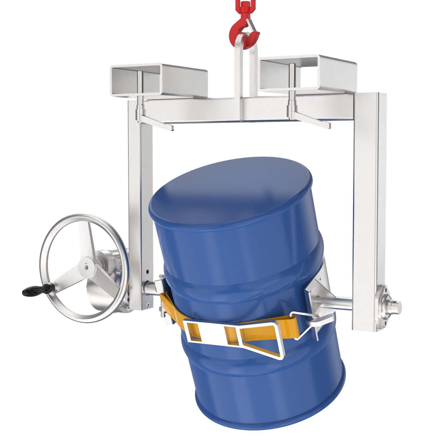 Fass-Kipptraverse aus Edelstahl (V2A) mit Handrad für stehende 60 l Stahlfässer