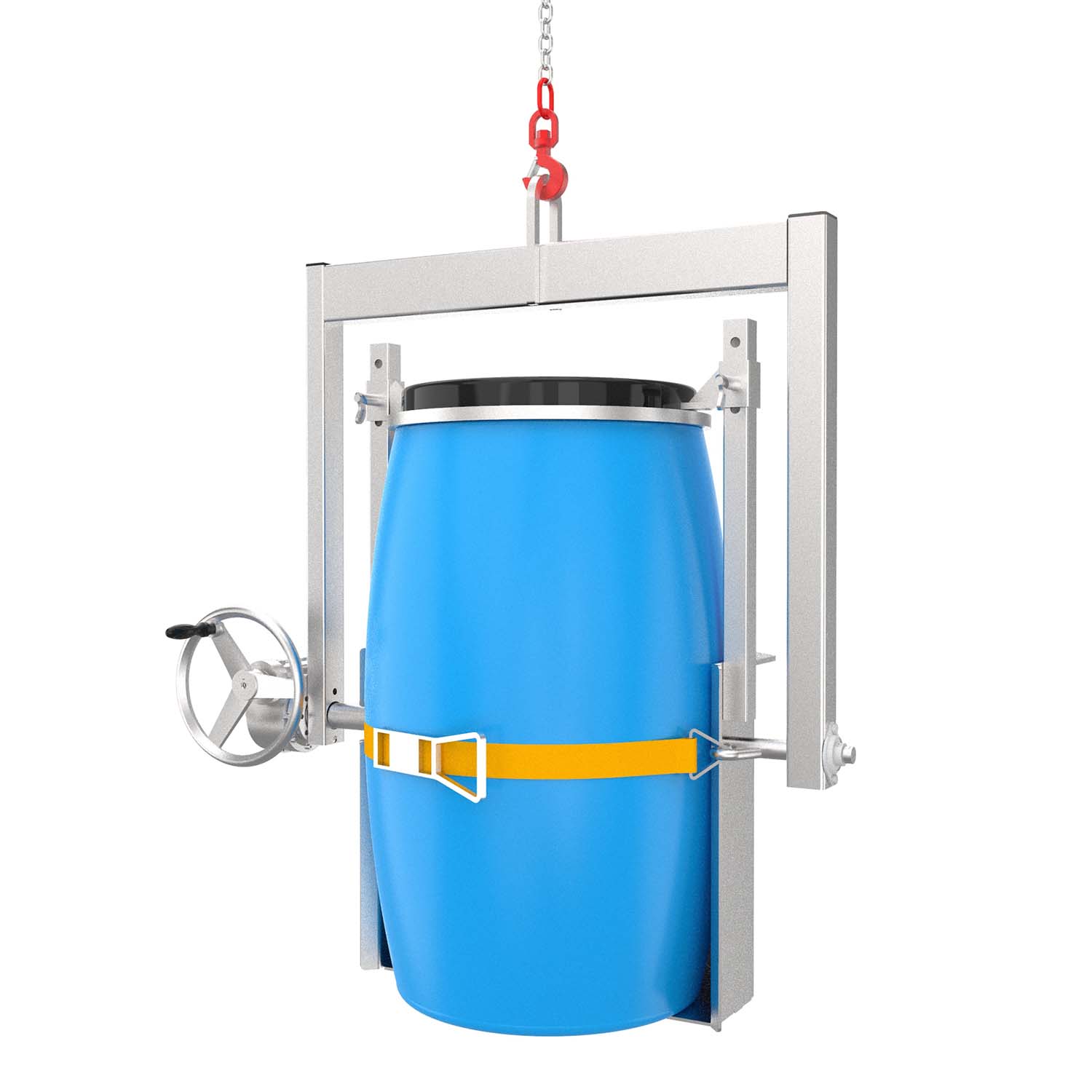 Fass-Kipptraverse aus Edelstahl (V2A) mit Handrad, Aufnahmekorb für stehende 200 l Stahl- und Kunststofffässer