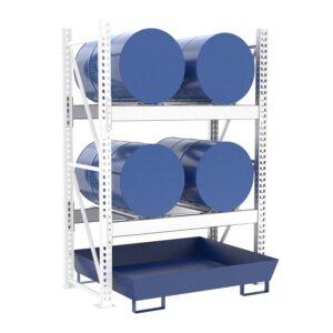 Fassregal mit lackierter Stahlauffangwanne, Anbaueinheit, 2 Ebenen, 4 x 200 l liegend