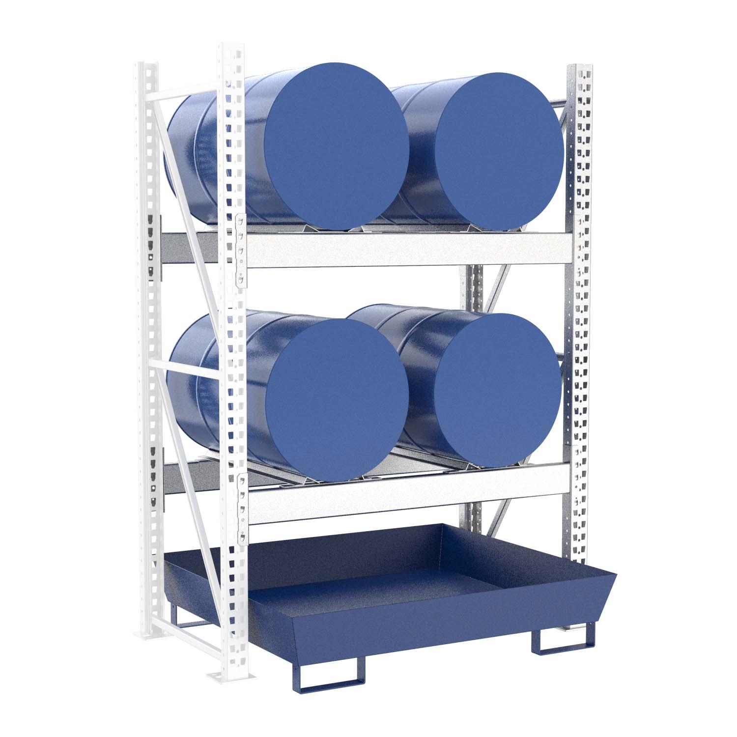 Fassregal mit lackierter Stahlauffangwanne, Anbaueinheit, 2 Ebenen, 4 x 200 l liegend