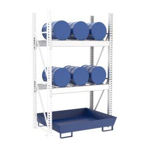 Fassregal mit lackierter Stahlauffangwanne, Anbaueinheit, 2 Ebenen, 6 x 60 l liegend