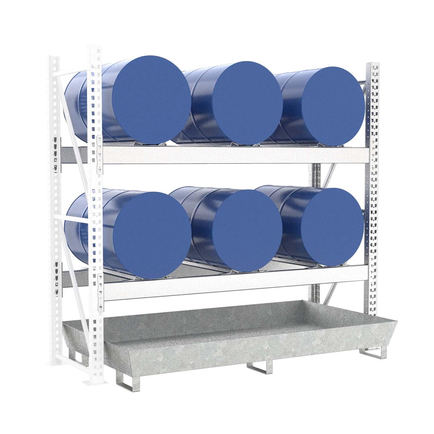 Fassregal mit Stahlauffangwanne, Anbaueinheit, 2 Ebenen, 6 x 200 l liegend