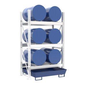 Fassregal mit lackierter Stahlauffangwanne, Anbaueinheit, 3 Ebenen, 6 x 200 l liegend