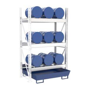 Fassregal mit lackierter Stahlauffangwanne, Anbaueinheit, 3 Ebenen, 9 x 60 l liegend