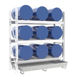 Fassregal mit Stahlauffangwanne, Anbaueinheit, 3 Ebenen, 9 x 200 l liegend