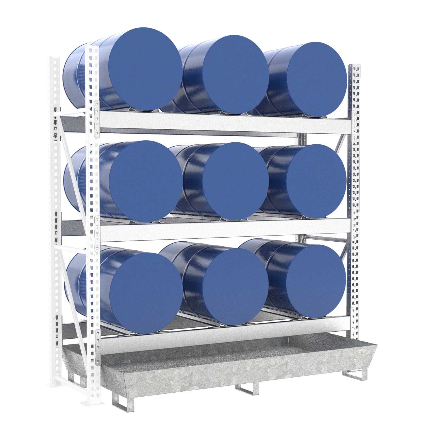 Fassregal mit Stahlauffangwanne, Anbaueinheit, 3 Ebenen, 9 x 200 l liegend