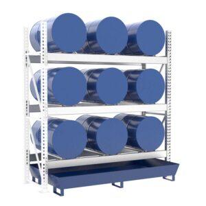 Fassregal mit lackierter Stahlauffangwanne, Anbaueinheit, 3 Ebenen, 9 x 200 l liegend