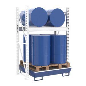 Fassregal mit lackierter Stahlauffangwanne, Anbaueinheit, 2 Ebenen, 2 x 200 l liegend / 4 x 200 l stehend
