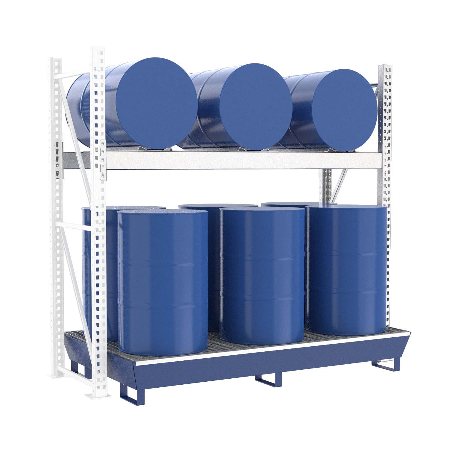 Fassregal mit lackierter Stahlauffangwanne, Anbaueinheit, 2 Ebenen, 3 x 200 l liegend / 6 x 200 l stehend