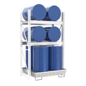 Fassregal mit Stahlauffangwanne, Anbaueinheit, 3 Ebenen, 4 x 200 l liegend / 4 x 200 l stehend