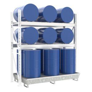 Auffangwanne aus Stahl für 8 x 200 l Fässer + Garnitur steckbar, 3-teilig, verzinkt, 2590x1300x1120mm Auffangwannen aus Stahl Produktbild Fassregal mit Stahlauffangwanne, Anbaueinheit, 3 Ebenen, 6 x 200 l liegend / 6 x 200 l stehend