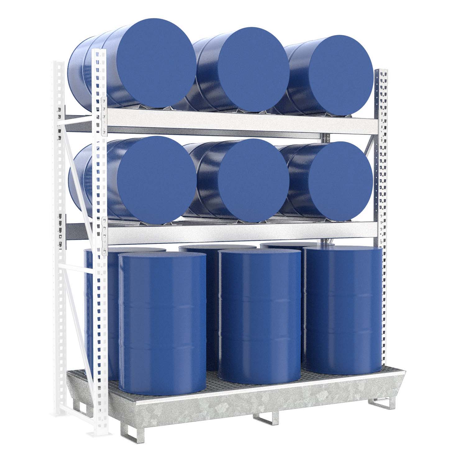 Fassregal mit Stahlauffangwanne, Anbaueinheit, 3 Ebenen, 6 x 200 l liegend / 6 x 200 l stehend