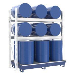 Fassregal mit lackierter Stahlauffangwanne, Anbaueinheit, 3 Ebenen, 6 x 200 l liegend / 6 x 200 l stehend