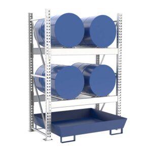 Fassregal mit lackierter Stahlauffangwanne, Grundeinheit, 2 Ebenen, 4 x 200 l liegend