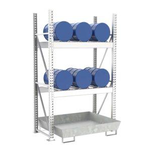 Fassregal mit Stahlauffangwanne, Grundeinheit, 2 Ebenen, 6 x 60 l liegend