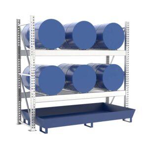 Fassregal mit lackierter Stahlauffangwanne, Grundeinheit, 2 Ebenen, 6 x 200 l liegend