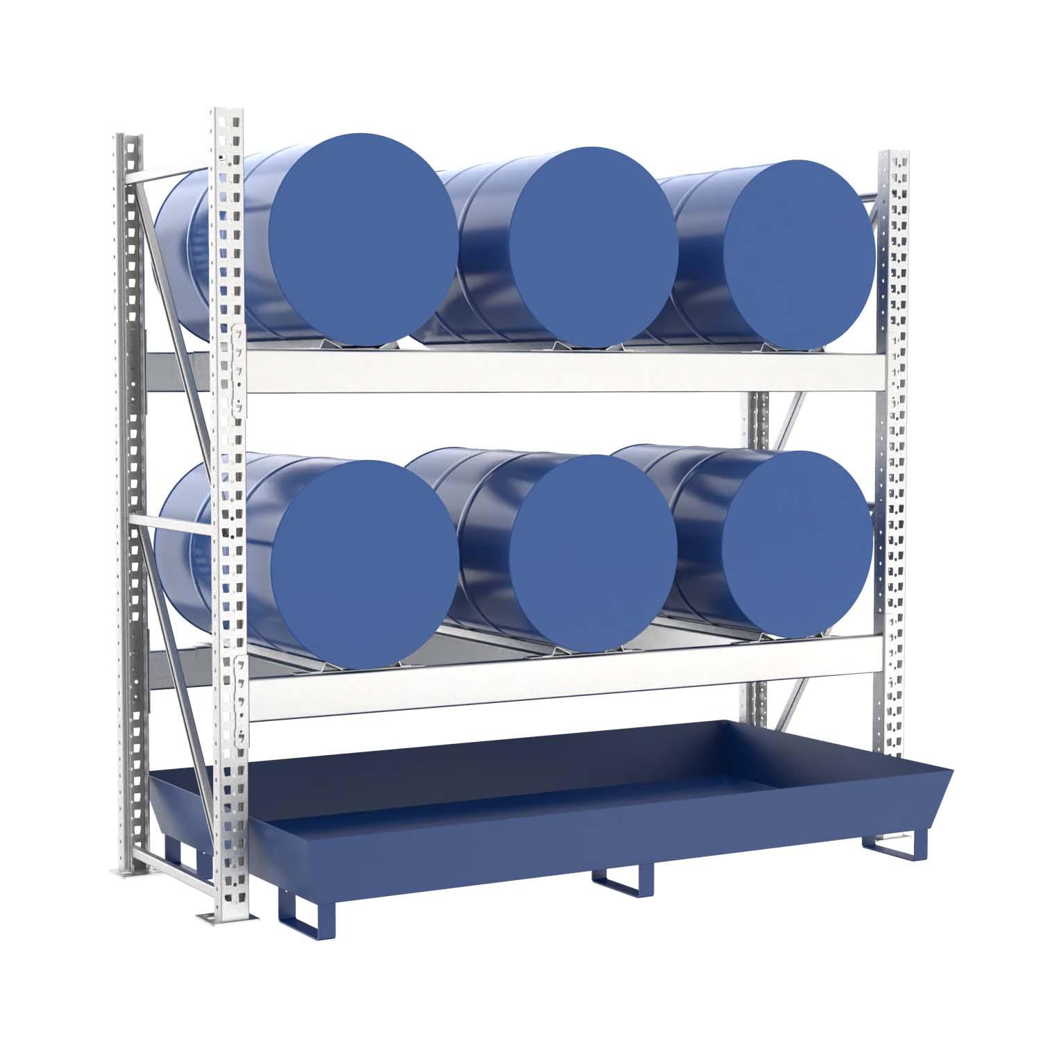 Fassregal mit lackierter Stahlauffangwanne, Grundeinheit, 2 Ebenen, 6 x 200 l liegend