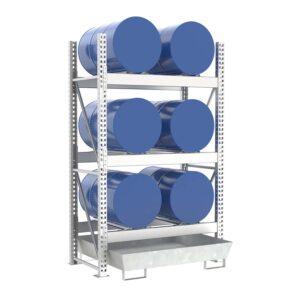 Fassregal mit Stahlauffangwanne, Grundeinheit, 3 Ebenen, 6 x 200 l liegend