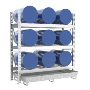 Fassregal mit Stahlauffangwanne, Grundeinheit, 3 Ebenen, 9 x 200 l liegend