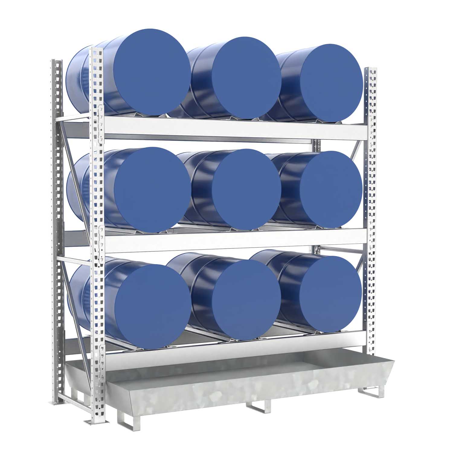 Fassregal mit Stahlauffangwanne, Grundeinheit, 3 Ebenen, 9 x 200 l liegend