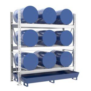 Fassregal mit lackierter Stahlauffangwanne, Grundeinheit, 3 Ebenen, 9 x 200 l liegend