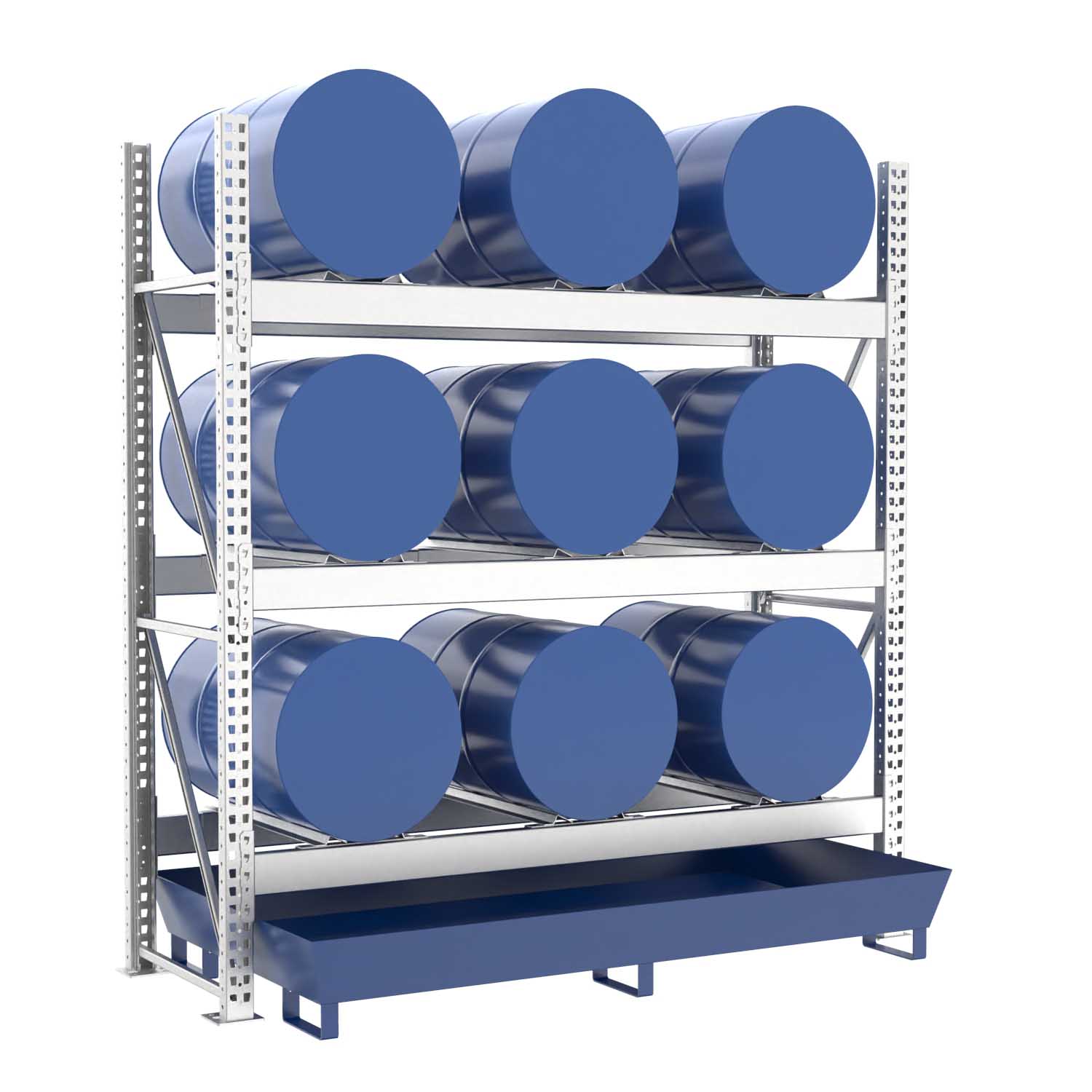 Fassregal mit lackierter Stahlauffangwanne, Grundeinheit, 3 Ebenen, 9 x 200 l liegend