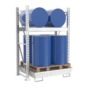 Kleingebinderegal, Grundeinheit mit 3 Gitterrostebenen mit Auffangwanne aus PE, Feldweite 1000 mm Kleingebinderegale Produktbild Fassregal mit Stahlauffangwanne, Grundeinheit, 2 Ebenen, 2 x 200 l liegend / 4 x 200 l stehend