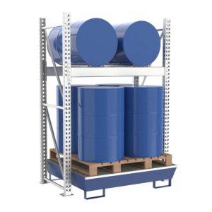 Fassregal mit lackierter Stahlauffangwanne, Grundeinheit, 2 Ebenen, 2 x 200 l liegend / 4 x 200 l stehend