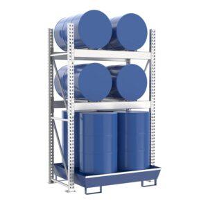 Fassregal mit lackierter Stahlauffangwanne, Grundeinheit, 3 Ebenen, 4 x 200 l liegend / 4 x 200 l stehend