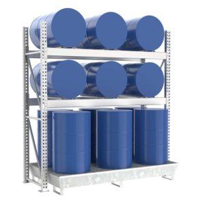 Fassregal mit Stahlauffangwanne, Grundeinheit, 3 Ebenen, 6 x 200 l liegend / 6 x 200 l stehend