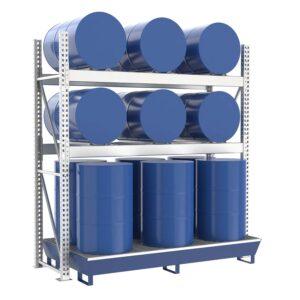 Fassregal mit lackierter Stahlauffangwanne, Grundeinheit, 3 Ebenen, 6 x 200 l liegend / 6 x 200 l stehend