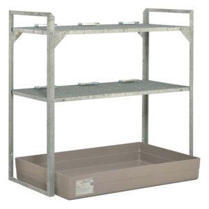 Auffangwanne aus Stahl economy-line für 1 x 1000 l IBC, lackiert, mit Auflageprofilen, 1300x1120x1050mm Auffangwannen aus Stahl Produktbild Fassregal mit Auffangwanne aus GFK für 6 x 60 l Fässer oder Kleingebinde, 1320 x 800 x 1300 mm