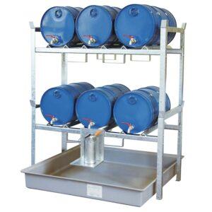 Auffangwanne aus Stahl economy-line für 1 x 1000 l IBC, lackiert, mit Auflageprofilen, 1300x1120x1050mm Auffangwannen aus Stahl Produktbild Stapelregal mit Auffangwanne aus GFK für 6 x 60 l Fässer