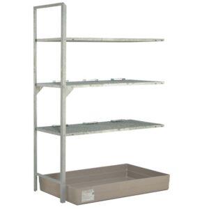 Auffangwanne aus Stahl economy-line für 1 x 1000 l IBC, lackiert, mit Auflageprofilen, 1300x1120x1050mm Auffangwannen aus Stahl Produktbild Fassregal mit Auffangwanne aus GFK für 6 x 60 l Fässer oder Kleingebinde, 1320 x 800 x 2000 mm, Anbaueinheit