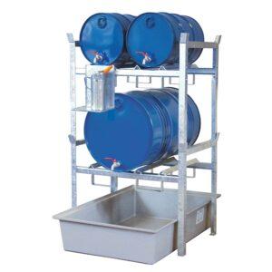 Auffangwanne aus Stahl economy-line für 1 x 1000 l IBC, lackiert, mit Auflageprofilen, 1300x1120x1050mm Auffangwannen aus Stahl Produktbild Stapelregal mit Auffangwanne aus GFK für 4 x 60 l Fässer oder 2 x 200 l Fässer