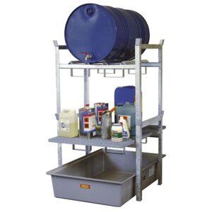 Auffangwanne aus Stahl economy-line für 1 x 1000 l IBC, lackiert, mit Auflageprofilen, 1300x1120x1050mm Auffangwannen aus Stahl Produktbild Stapelregal mit Auffangwanne aus GFK für 2 x 60 l Fässer oder 1 x 200 l Fass und Kleingebinde