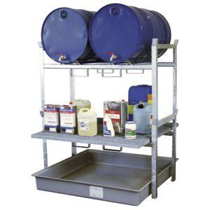 Auffangwanne aus Stahl economy-line für 1 x 1000 l IBC, lackiert, mit Auflageprofilen, 1300x1120x1050mm Auffangwannen aus Stahl Produktbild Stapelregal mit Auffangwanne aus GFK für 2 x 200 l Fässer und Kleingebinde